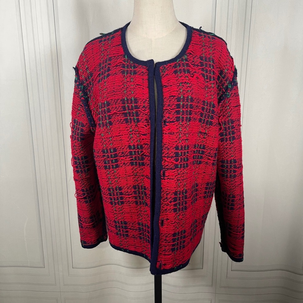 Vintage 90's Susan Bristol Wool Cardigan Sweater Plaid Knit Navy Red Green- L - Picture 12 of 16